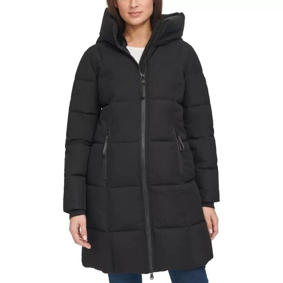 NWOT Calvin Klein Women's L Hooded Puffer Coat Black Polyester Full Zip - Picture 1 of 13